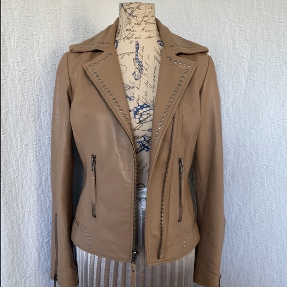 Boston Proper Tan Leather Studded Moto Jacket - Picture 2 of 12